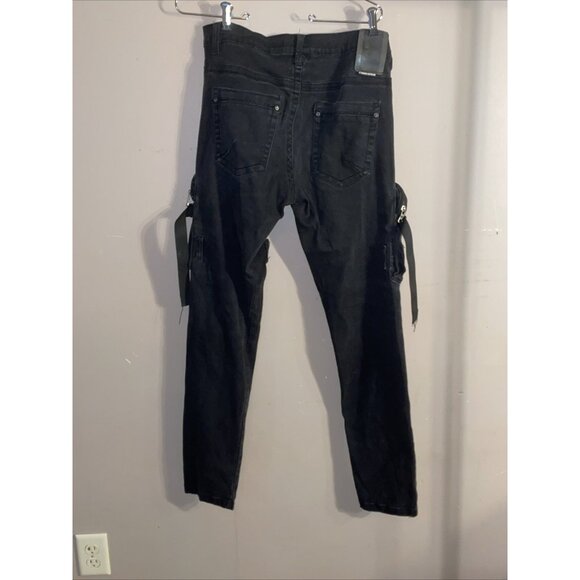 Cote De Nuits Mens Jeans 34x33 Black Cargo Large Pockets Military Distressed - Picture 7 of 12